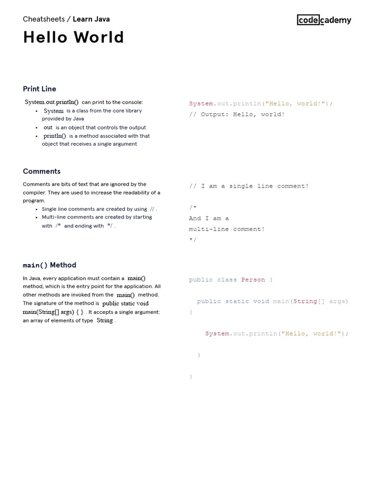 Learn Java_ Hello World Cheatsheet _ Codecademy | PDF