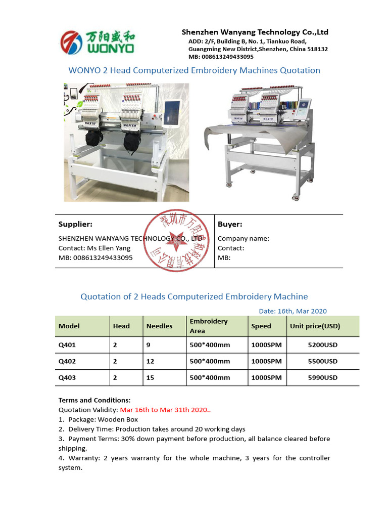 Ellen 2 Head Machine Quotation PDF PDF Embroidery Personal Computers