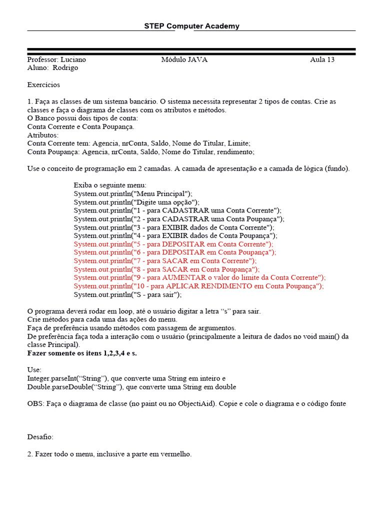 Sistema Bancário em Java: Aula 13 | PDF | Conta-poupança | Java ...