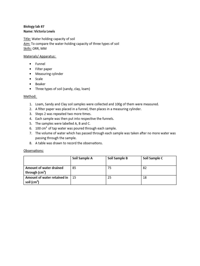 Biology Lab (Water-Holding Capacity of Sand Samples) | PDF