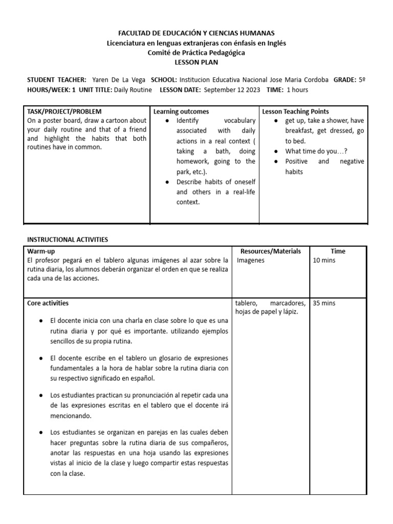 Plan de Lección: Rutina Diaria en Inglés | PDF | Crecimiento personal y ...