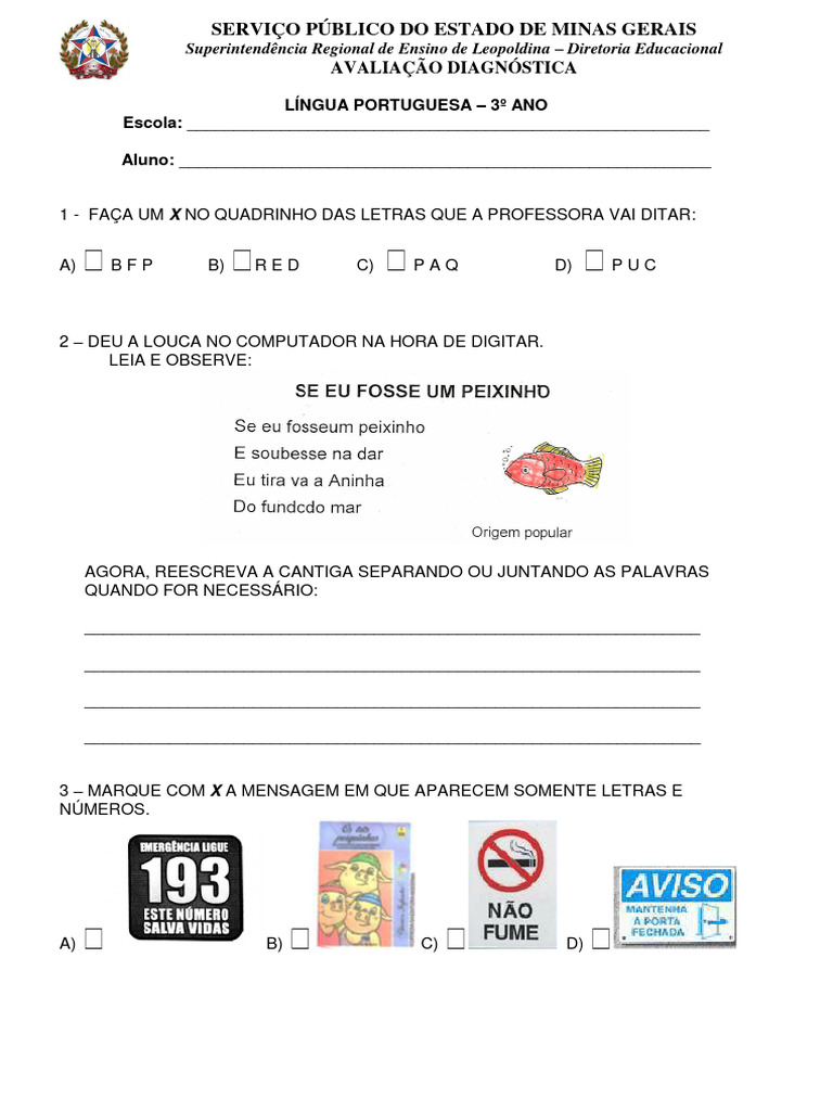 Avaliação Diagnóstica 3 Ano de Português Em PDF | PDF | Elefante