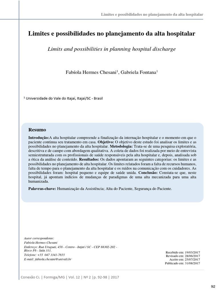 Limites e Possibilidades No Planejamento Da Alta Hospitalar | PDF