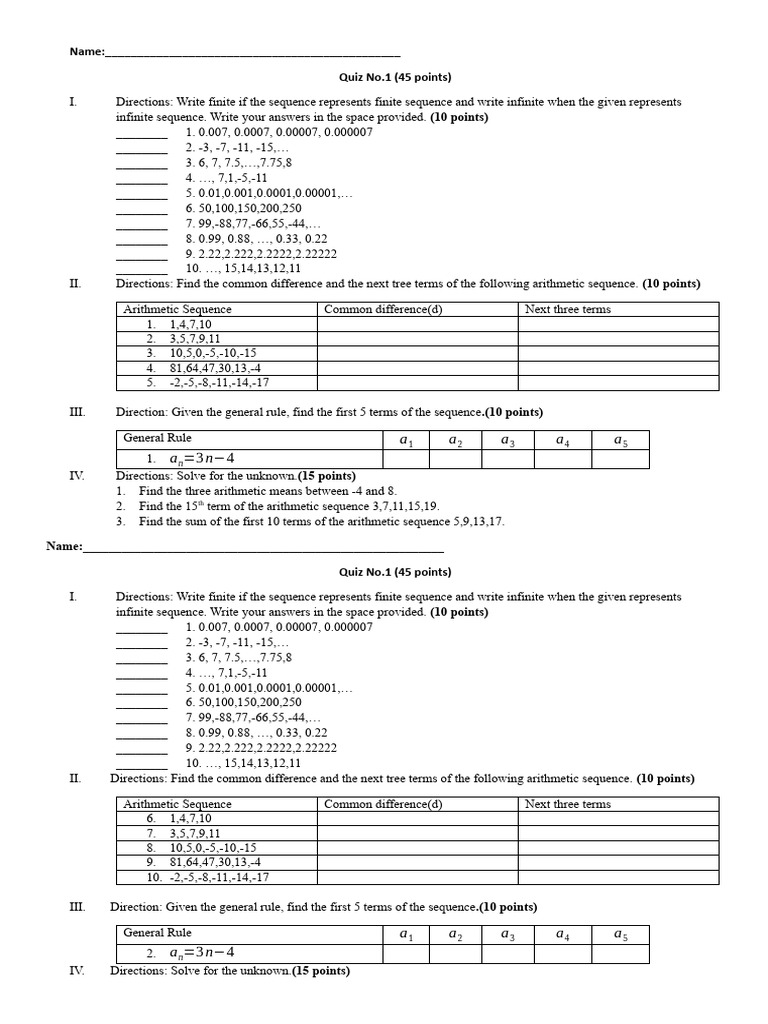 Quiz No.1 (Arithmetic Sequence) | PDF
