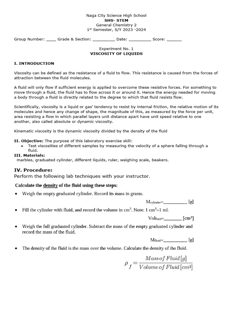 Viscosity Lab PDF Viscosity Liquids