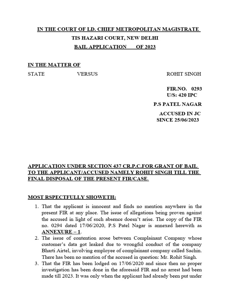 Bail Application for Rohit Singh, 2023 | PDF | Law