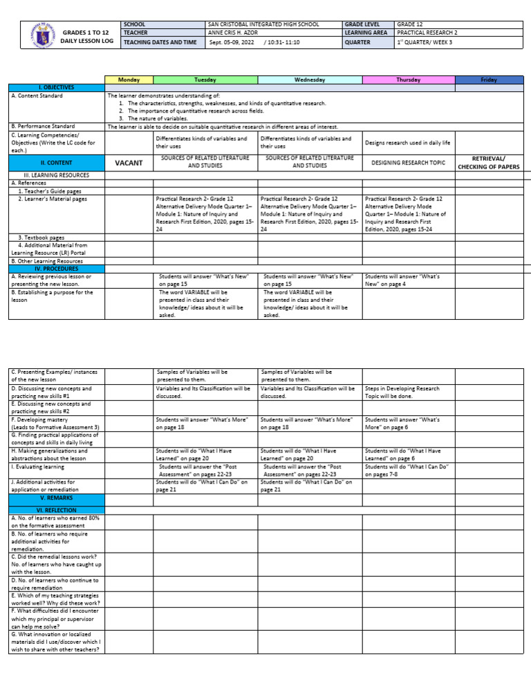 Grade 12 Practical Research Lesson Plan | PDF | Learning | Education Theory