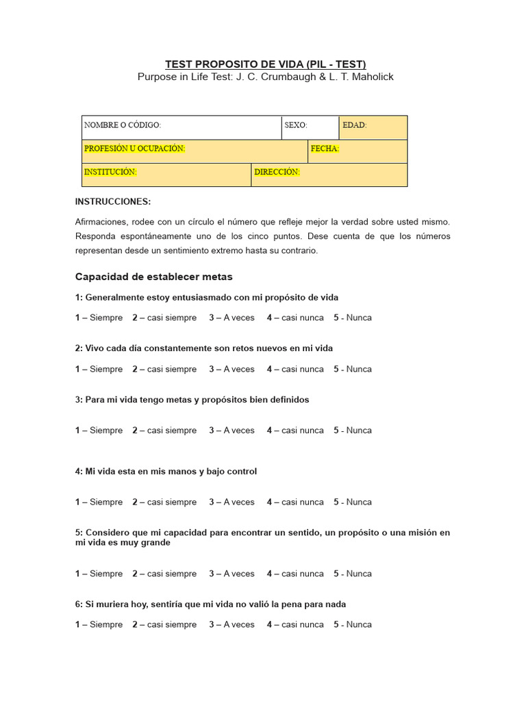 Test de Propósito de Vida PIL | PDF