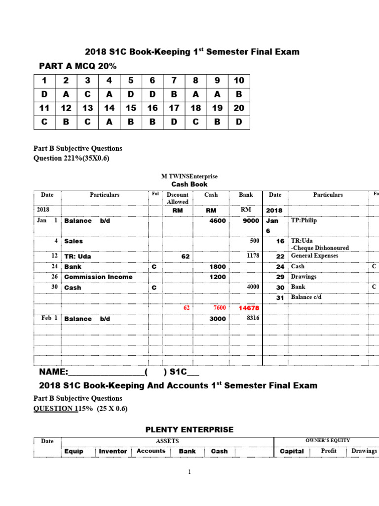 Bookkeeping Exam for S1C Students | PDF | Debits And Credits | Accounting