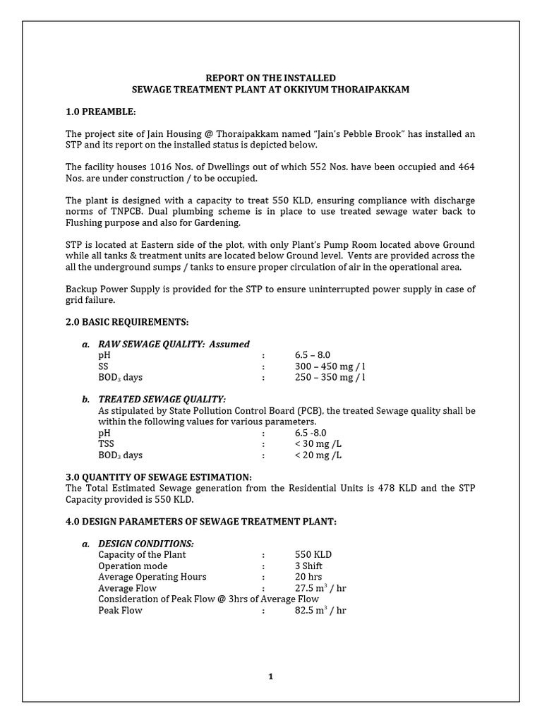 STP Report for Jain's Pebble Brook | PDF | Sewage | Sewage Treatment