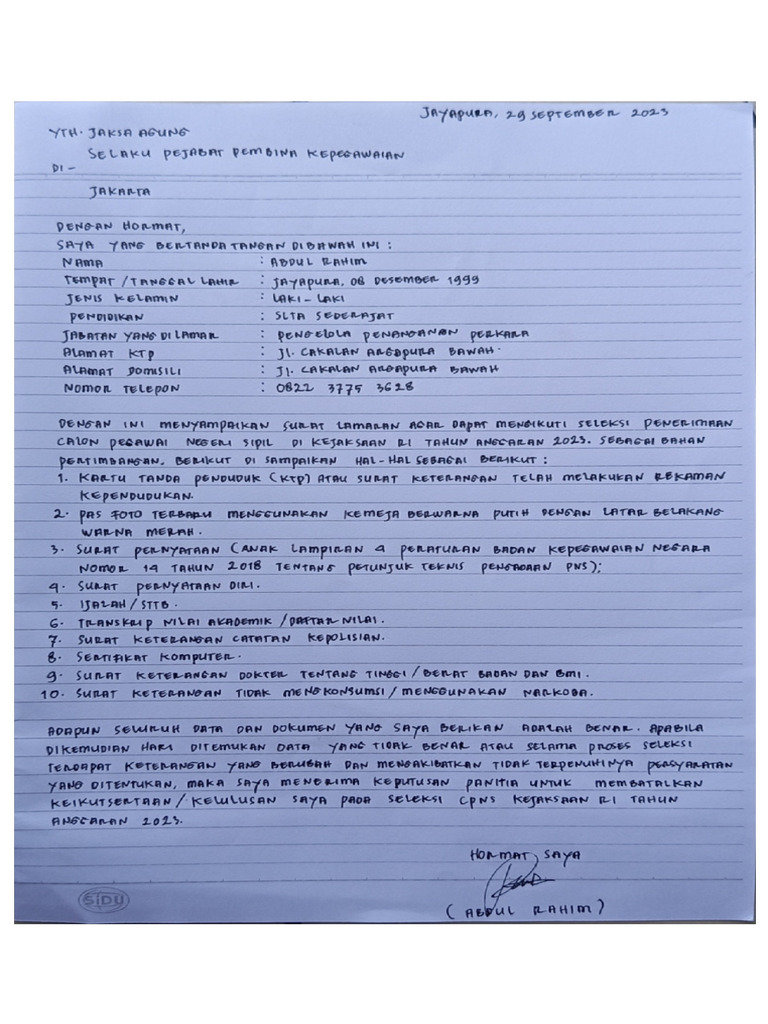 Surat Lamaran_Pelamar CPNS Kejaksaan RI_Abdul Rahim | PDF
