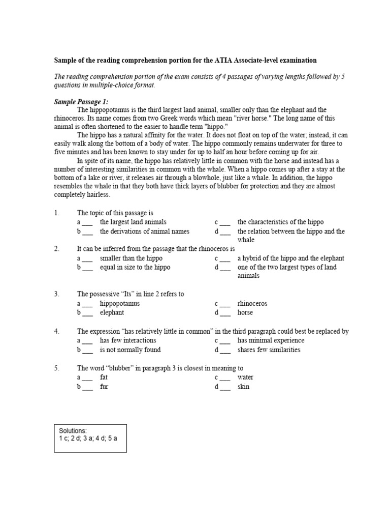 Reading comprehension exam sample pdf