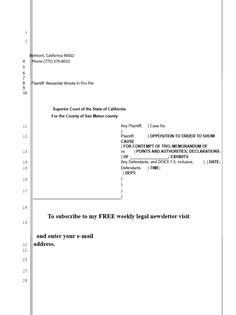 Sample Opposition To Order To Show Cause For Civil Contempt in California PDF