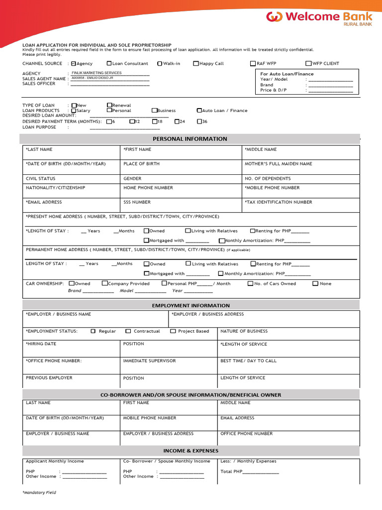 Personal Information Loan Application For Individual and Sole