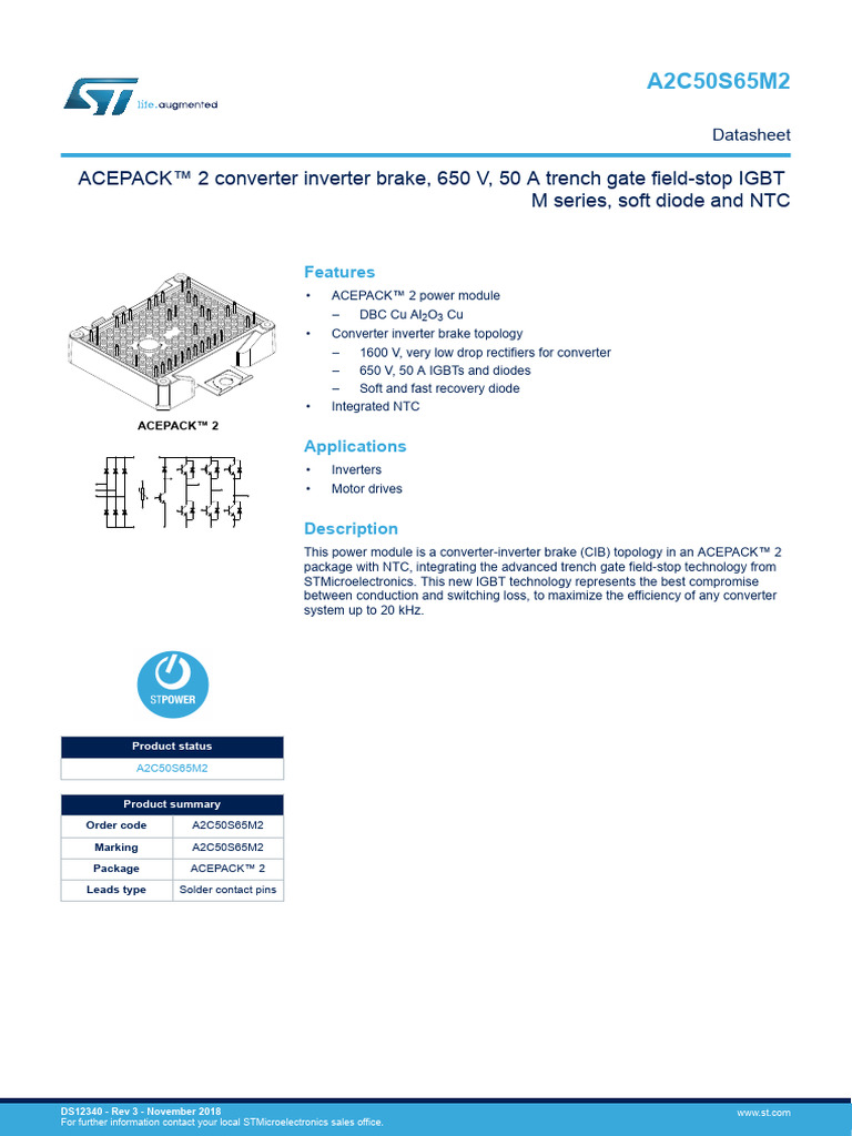 ACEPACK™ 2 Converter Inverter Brake, 650 V, 50 A Trench Gate FieldStop