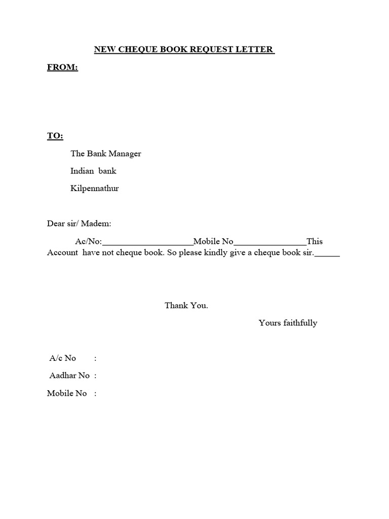 New Cheque Book Request Letter PDF