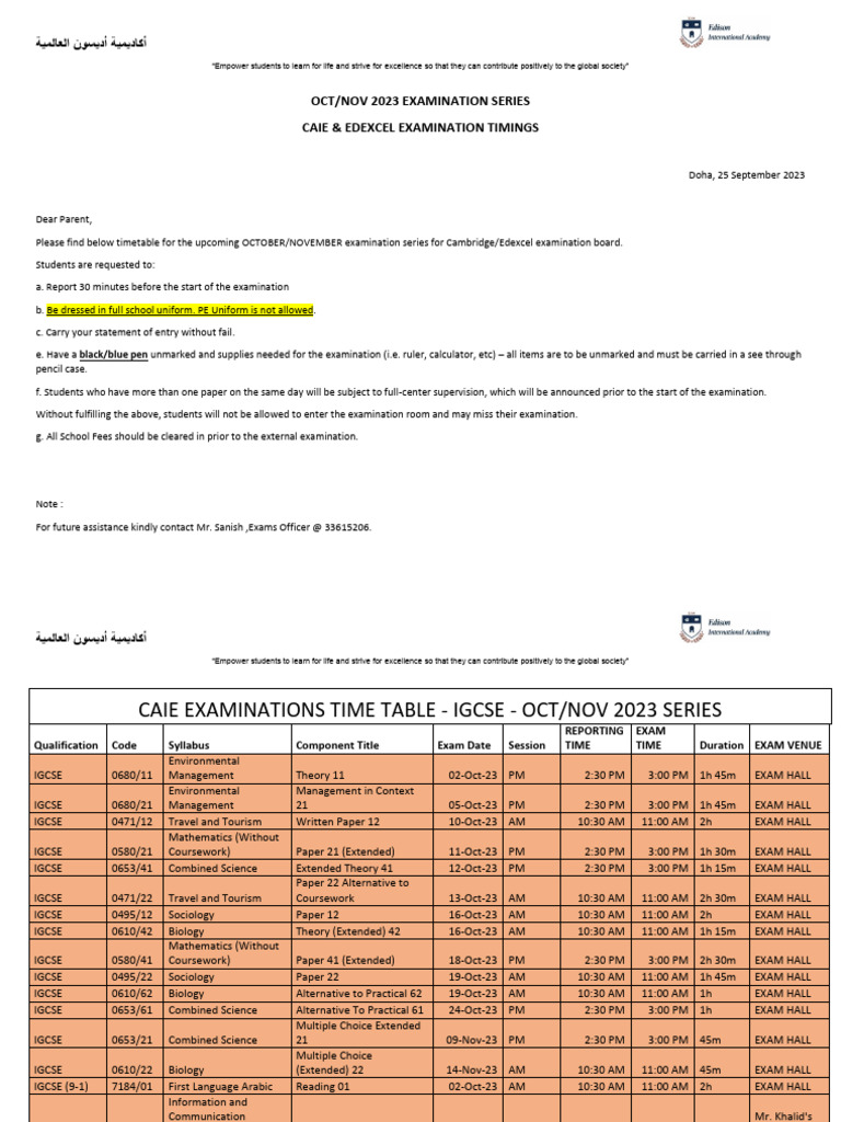 October/November 2023 Exam Timetable | PDF