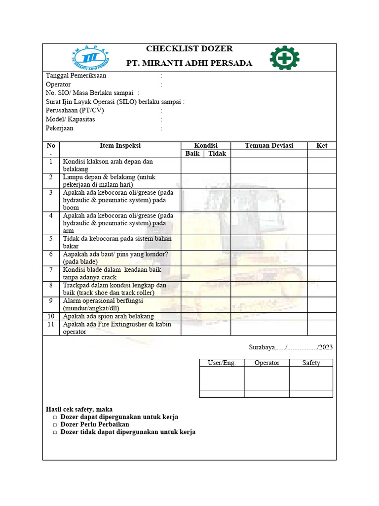 Checklist Inspeksi Dozer PT Miranti | PDF | Teknologi & Rekayasa