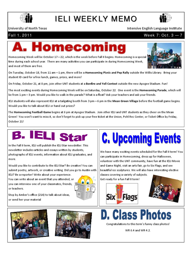 IELI Weekly Memo: Homecoming Events | PDF | Leisure