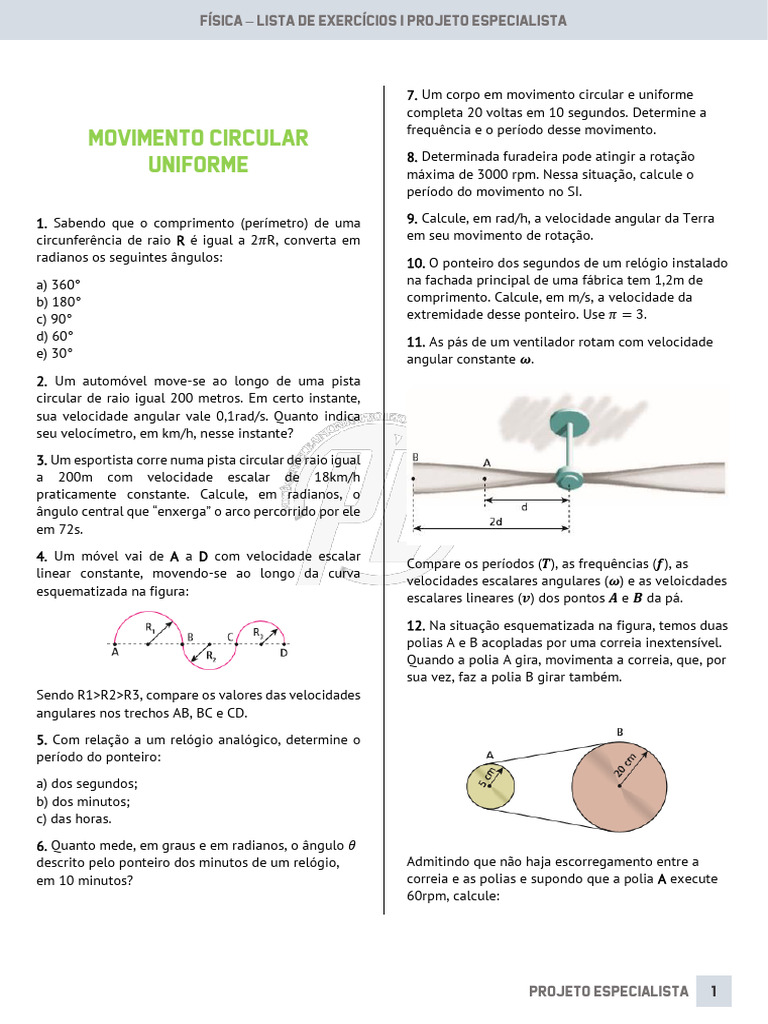 Movimento Circular Uniforme MCU - Exercícios | PDF