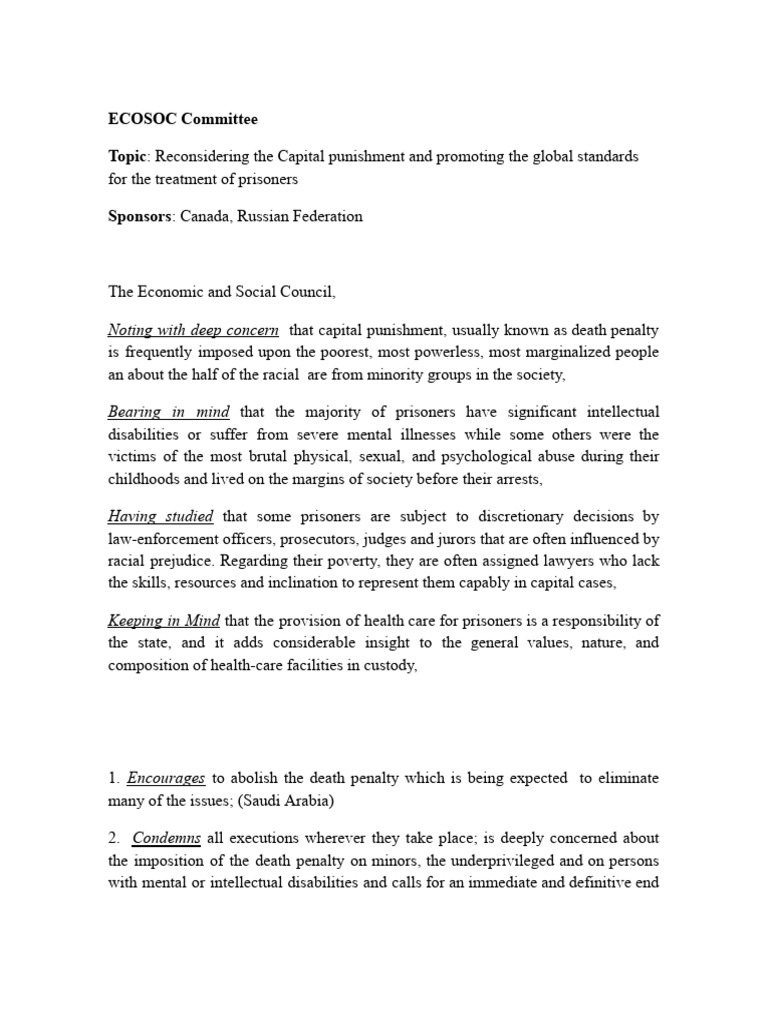 MUN Resolution Paper Sample PDF Capital Punishment Misconduct