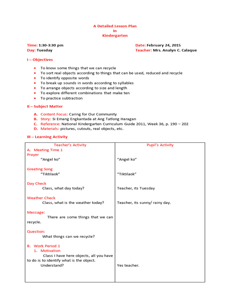 A Detailed Lesson Plan in Kindergarten T | PDF | Teachers | Lesson Plan