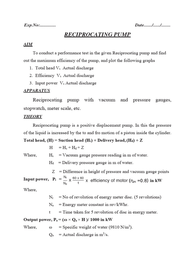 Performance Test On Reciprocating Pump | PDF