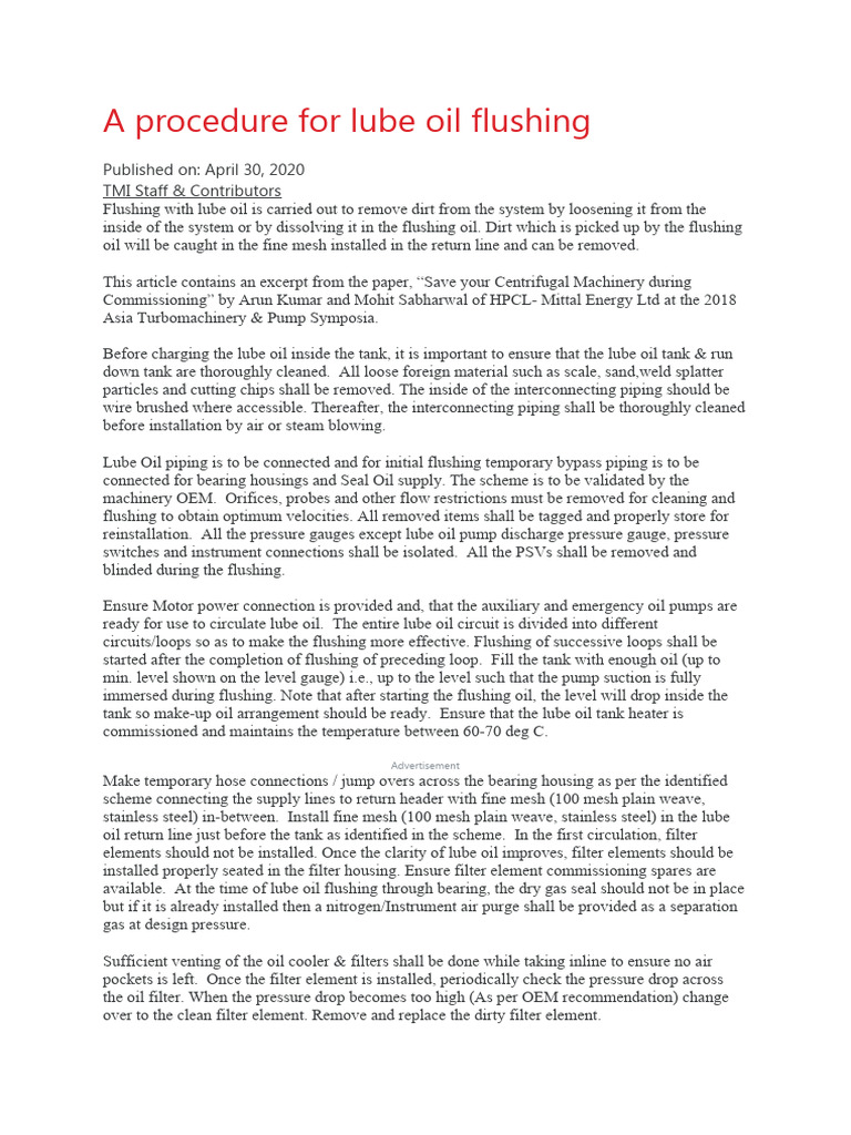 A Procedure For Lube Oil Flushing PDF Pump Fluid Dynamics