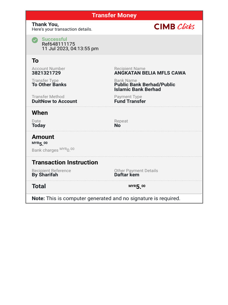 Successful Money Transfer Receipt | PDF