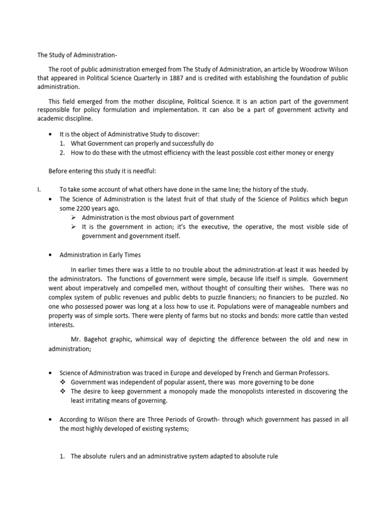 Abstract The Study of Administration, Woodrow Wilson PDF