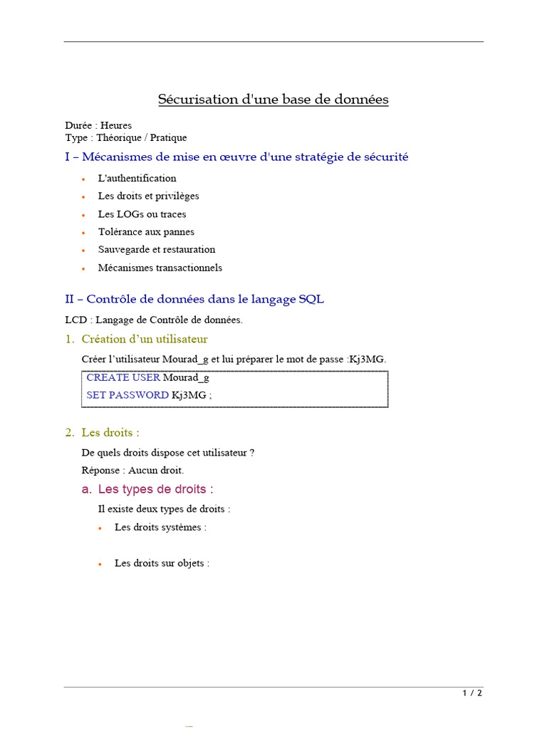 Chapitre 8 Sécurisation Dune Base de Données | PDF