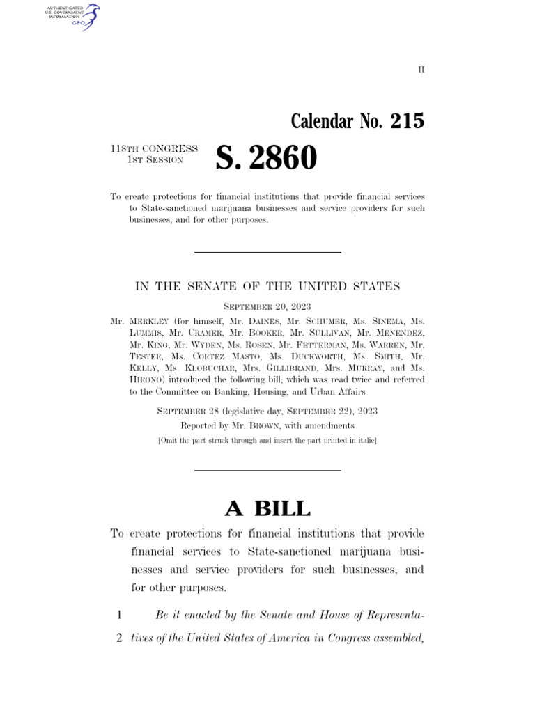 SAFER Banking Act S.2860 With Brown Amendment PDF Banks Credit Union