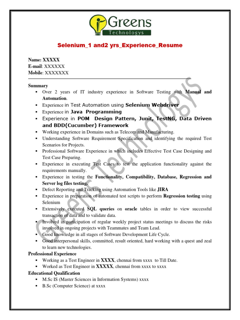 Selenium_1and2yrs_Experience_Resume | PDF | Software Testing | Selenium ...