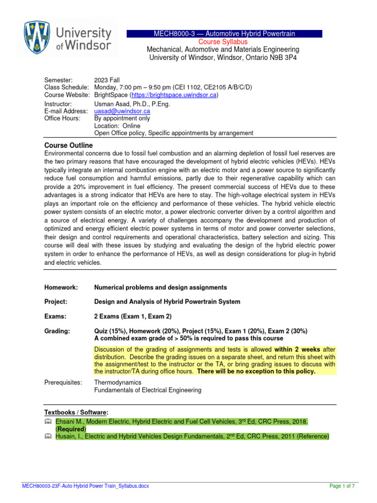 MECH8000323FAuto Hybrid Power Train Syllabus PDF Hybrid Electric Vehicle Plagiarism
