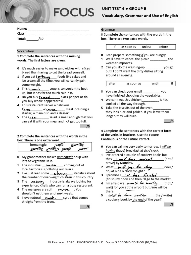 Focus3 2E Unit Test Vocabulary Grammar UoE Unit4 GroupB | PDF