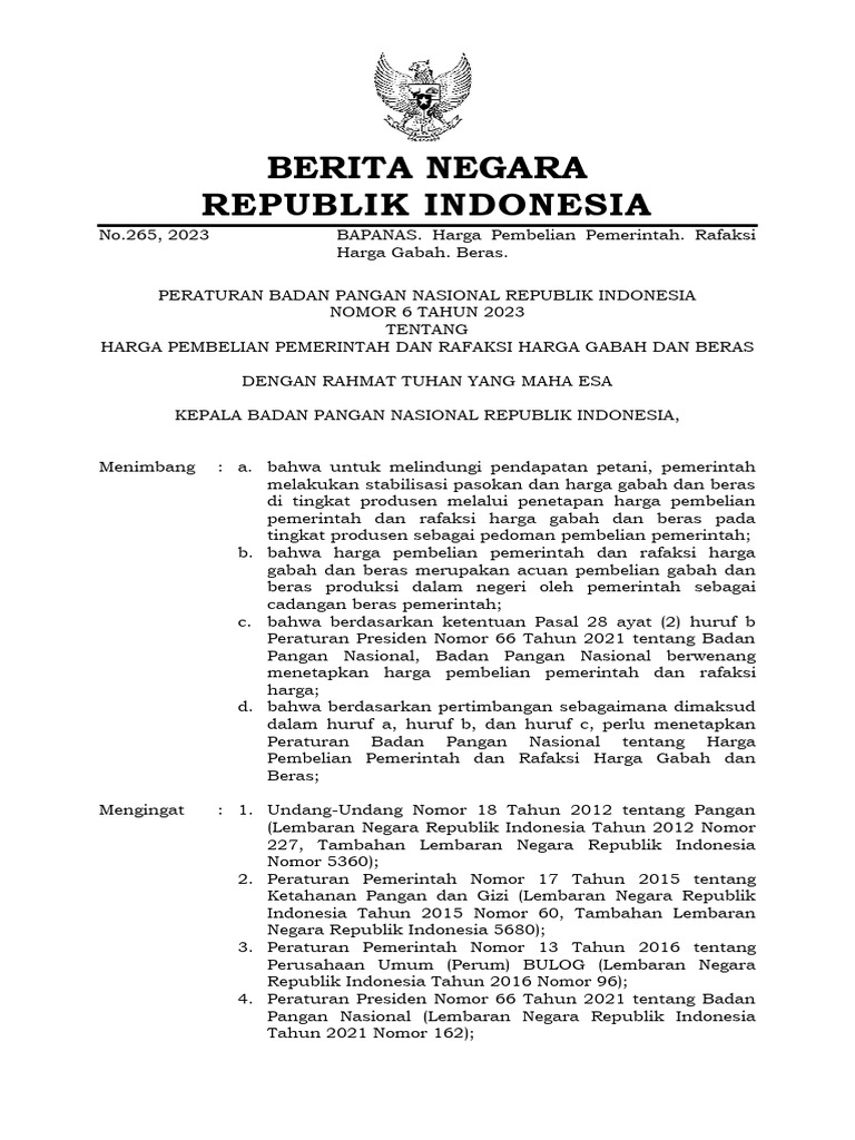 Perbadan Nomor 6 Tahun 2023 Tentang Harga Pembelian Pemerintah Dan