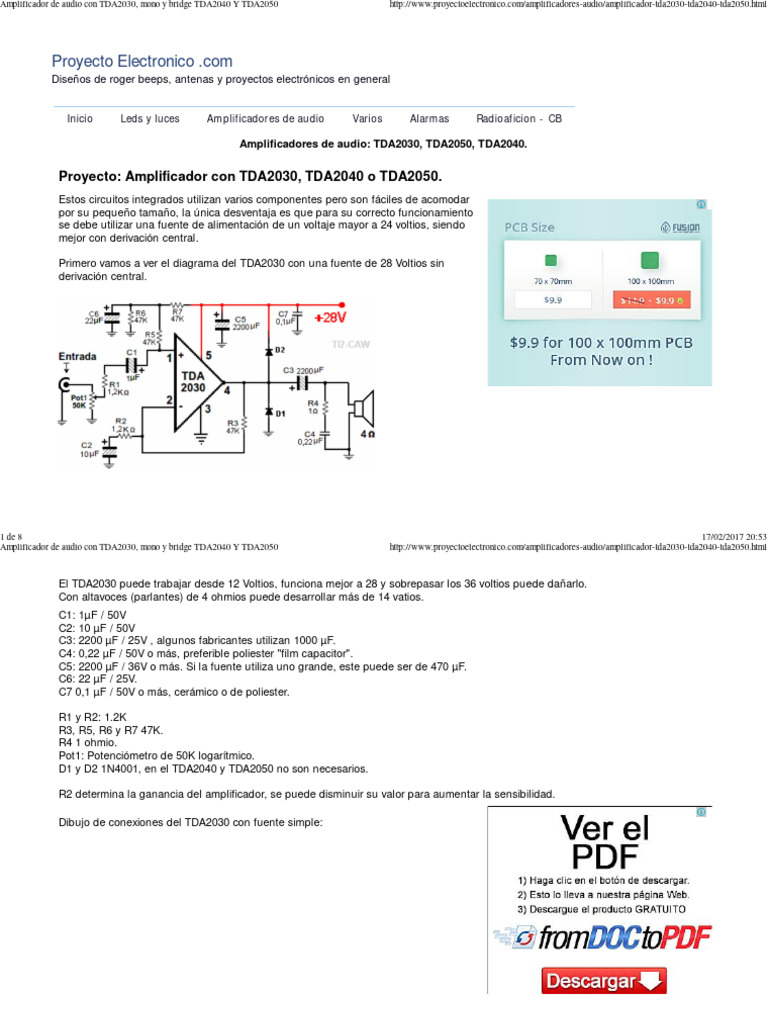 Amplificador de Audio Con TDA2030, Mono y Bridge TDA2040 Y TDA2050 | PDF