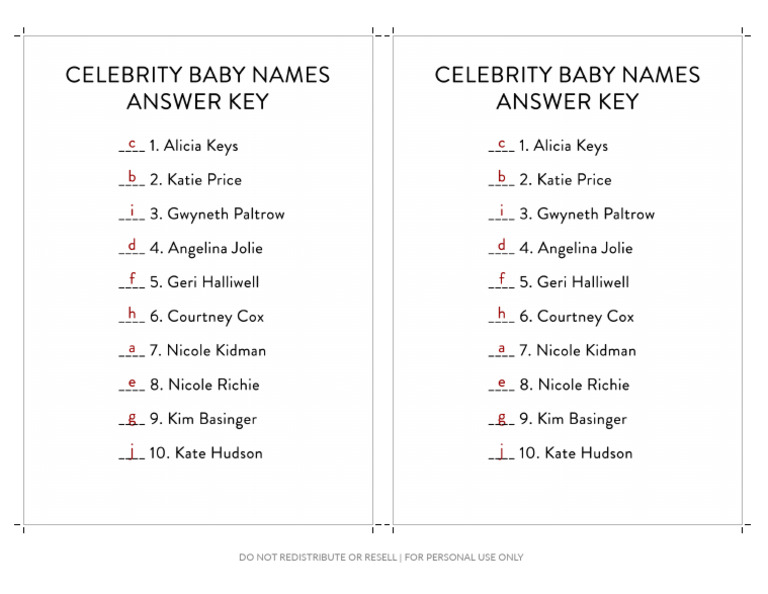 Celebrity Baby Names Answer Key PDF