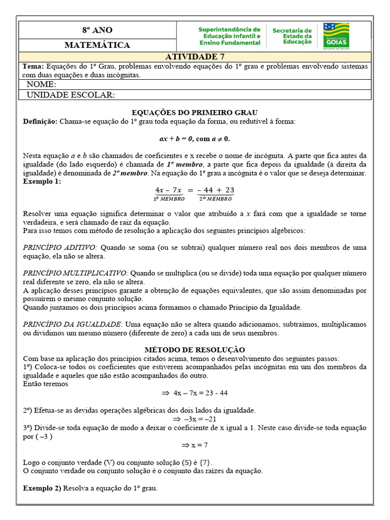Exercícios de Equações do 1º Grau - 8º Ano | PDF | Equações | Objetos ...
