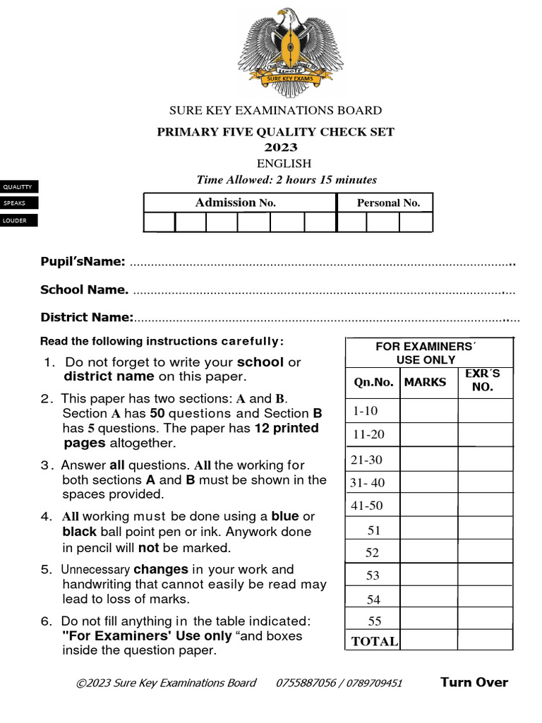 Sure key examinations board 2023 p 5 english pdf