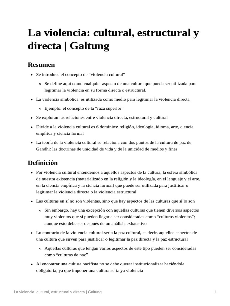 La Violencia Cultural, Estructural y Directa Galtung PDF Violencia Empirismo