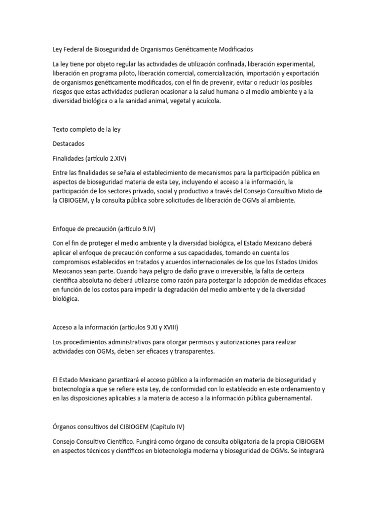Ley Federal de Bioseguridad de Organismos Genéticamente Modificados PDF
