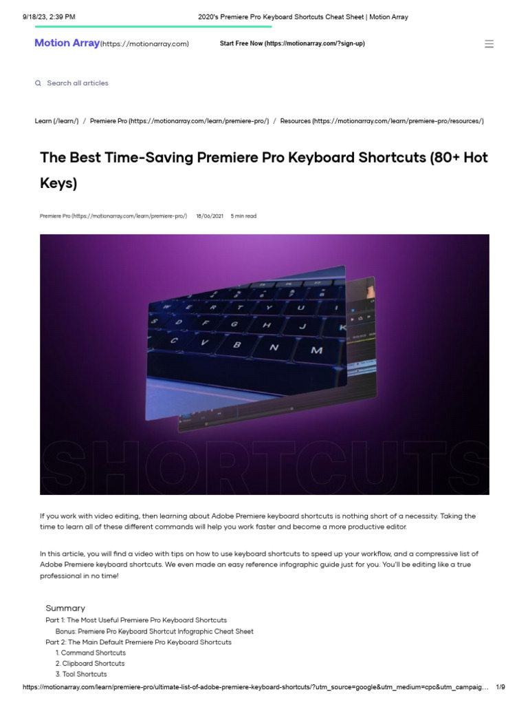 2020's Premiere Pro Keyboard Shortcuts Cheat Sheet - Motion Array | PDF