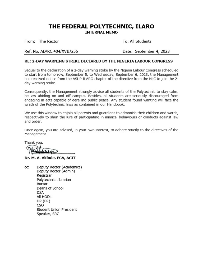 Ilaro Polytechnic Strike Notice | PDF