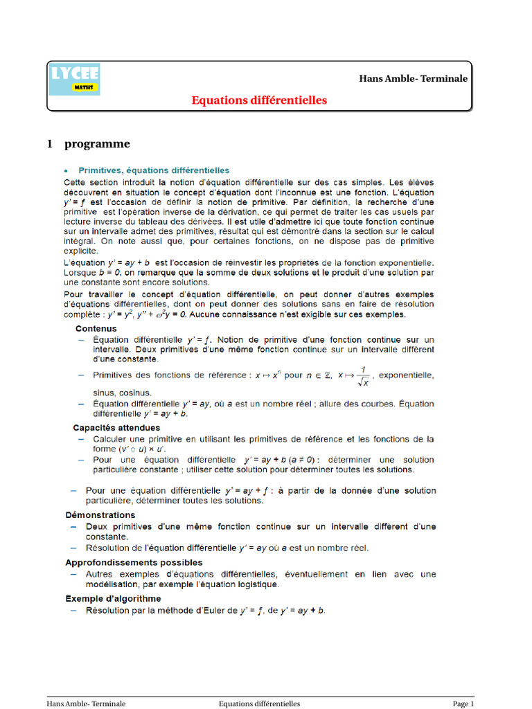 Livret-Équation Différentielle - Cours Et Exercices | PDF