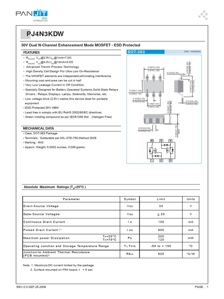 Pj4N3Kdw 30V Dual NChannel Enhancement Mode MOSFET ESD Protected PDF