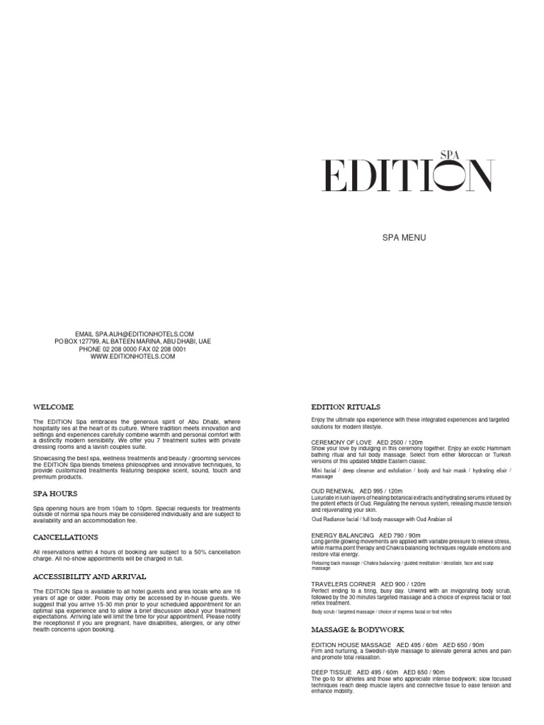 Abu Dhabi Edition Spa Menu Overview | PDF | Massage | Spa