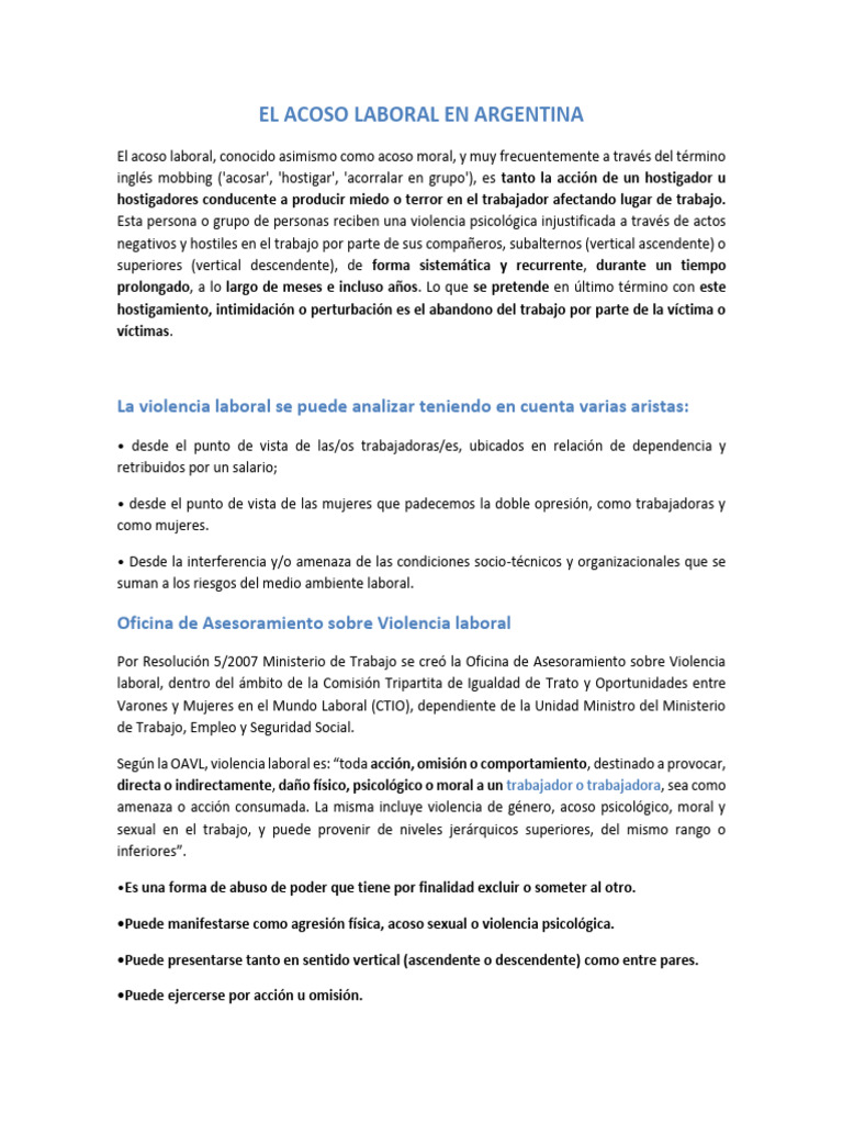 Acoso Laboral en Argentina: Impacto y Leyes | PDF | La violencia contra ...