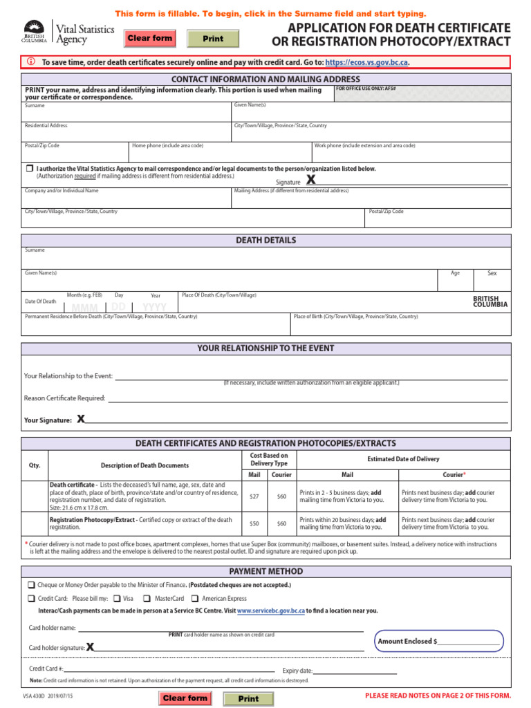 Applying for a Death Certificate in BC | PDF