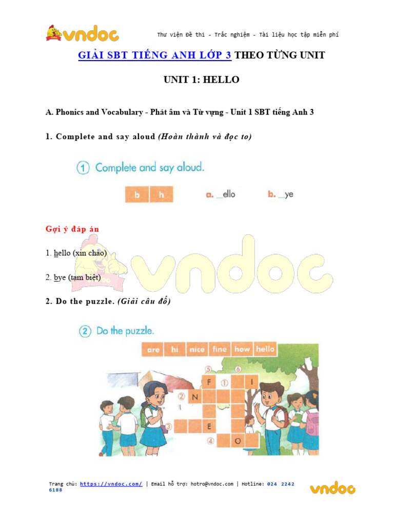 Giai Bai Tap SBT Tieng Anh Lop 3 Unit 1 Hello | PDF